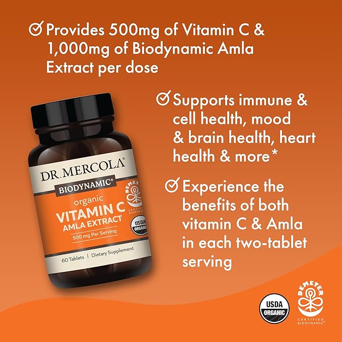 Dr. Mercola Biodynamic Organic Vitamin C Amla Extract 30 Servings (60 Tablets) 500 mg Vitamin C Dietary Supplement Supports Healthy Immune Function Non-GMO