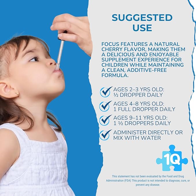 1Q Focus – Liquid Cognitive &amp Brain Support Natural Drops for Kids | Acetyl L-Carnitine + B1 B6 B12 &amp Folate | Sugar-Free Vegan Non-GMO Gluten-Free | Advanced Absorption | 2 fl oz 30 Serv