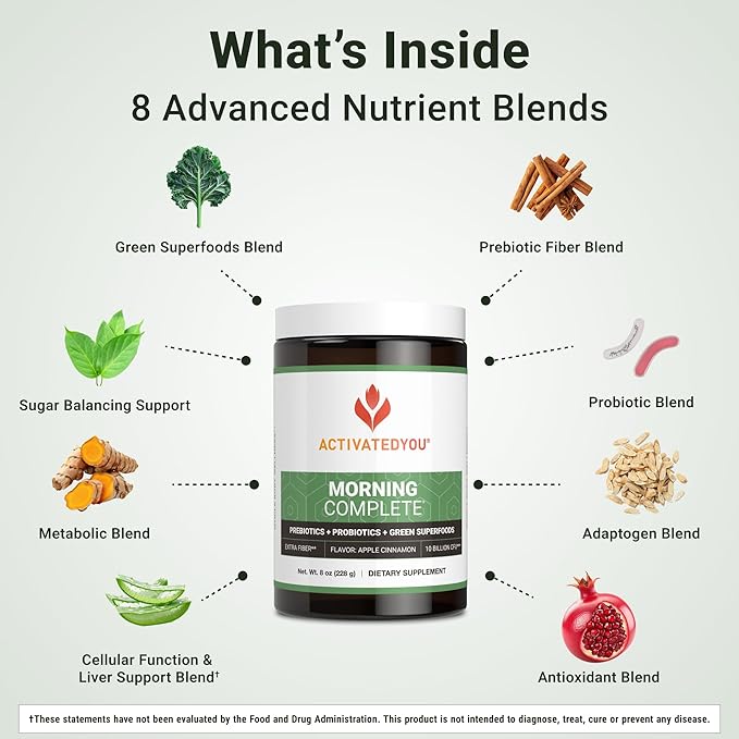 ACTIVATEDYOU Morning Complete Daily Wellness Greens Superfood Drink Mix for Gut Health w/Prebiotics Probiotics Antioxidants Green Superfoods 10 Billion CFUs 30 Servings (Apple Cinnamon)
