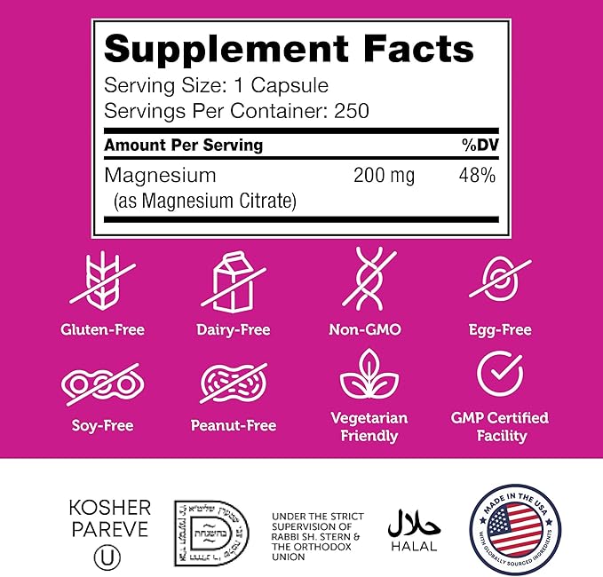 Zahler - Magnesium Supplement Capsules 200 mg (250 Count) Certified Kosher Bioactive Magnesium Citrate for Max Absorption - Natural Magnesium Mineral for Men &amp Women - Best Magnesium Supplements