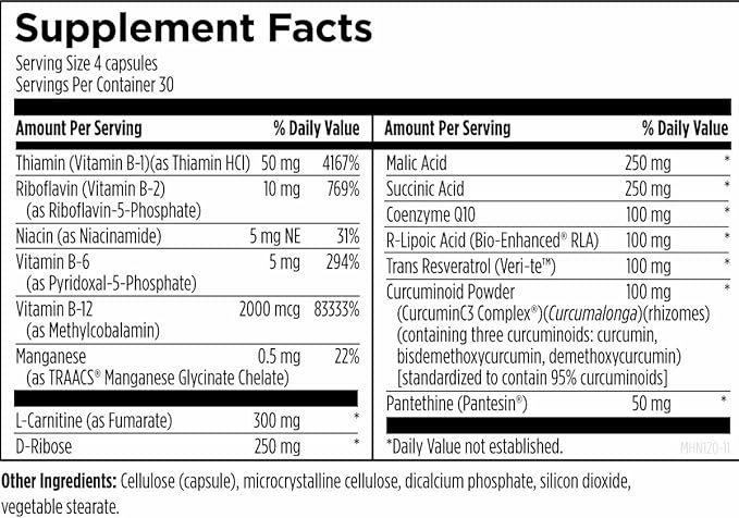 Designs for Health Mitochondrial NRG - Support Cellular Vitality + Metabolism - Mitochondria Energy Supplement with Alpha Lipoic Acid Trans Resveratrol + Curcumin Powder (120 Vegan Capsules)