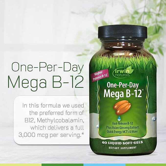 Irwin Naturals One-Per-Day Mega B-12 1500mcg High Potency Methylcobalamin Vitamin - Fast Enhanced Absorption with MCT + Asian Ginseng - Natural Energy Boost - 60 Liquid Softgels (Pack of 2)