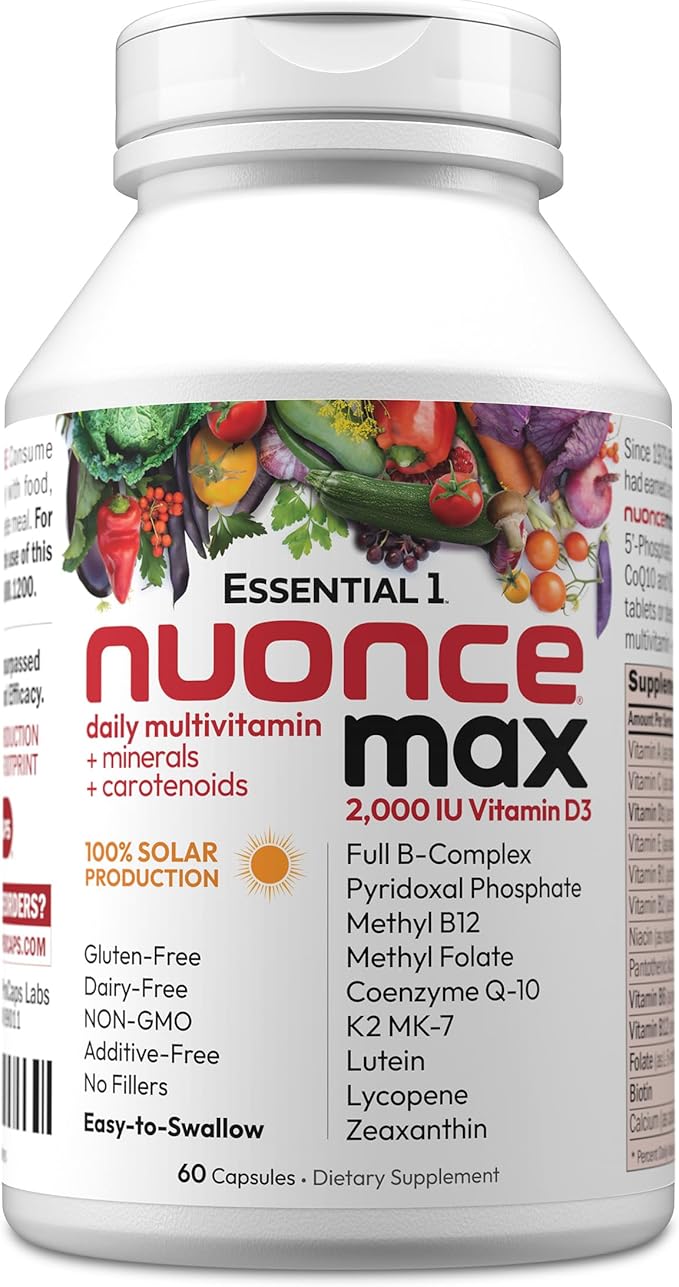 ANDREW LESSMAN Essential-1 nuonce max Multivitamin 2000 IU Vitamin D3 60 Small Capsules. 100 mcg Methyl B12. CoQ10 Lutein Lycopene Zeaxanthin. High Potency. No Additives. Ultra-Mild One Daily Capsule