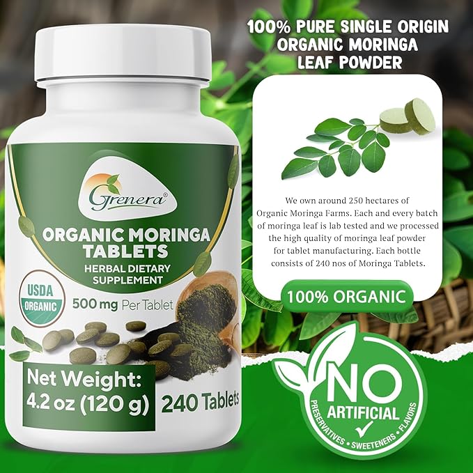 Grenera Organic Moringa Tablets 240 nos Uncoated USDA Organic Certified Malunggay Herbal Supplement No Chemical Coating Green Superfood Lab Tested for Purity