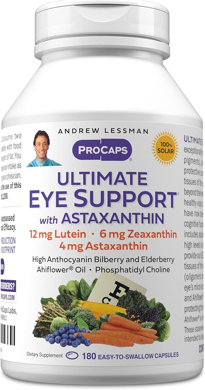 ANDREW LESSMAN Ultimate Eye Support with Astaxanthin 180 Softgels - 12mg Lutein 6mg Zeaxanthin 4mg Astaxanthin Bilberry. Key Nutrients to Support Eye Health Promote Healthy Vision. No Additives