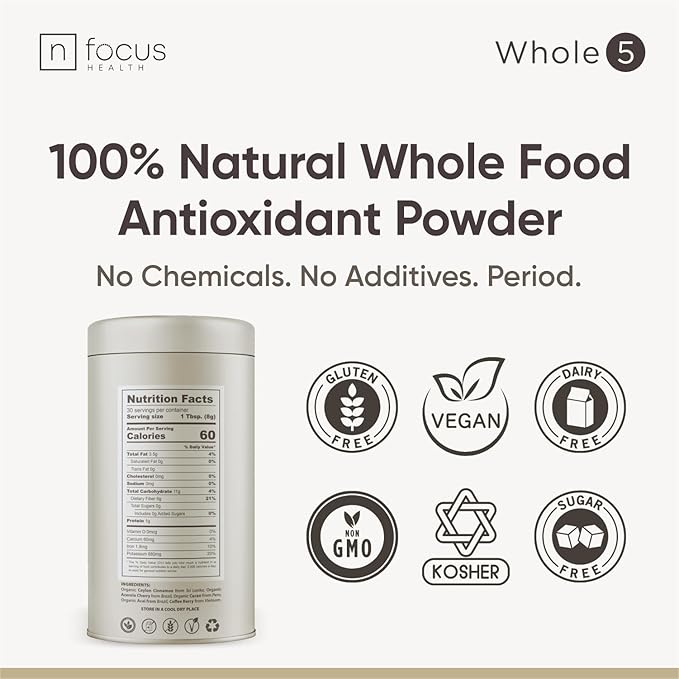 Whole5 Antioxidant Superfood Powder | Longevity Mix w/Acai Acerola Cherry Coffee Fruit Ceylon Cinnamon &amp Cacao | Smoothie Shake &amp Bowl Add-Ins | 8000mg per Scoop | 30 Servings