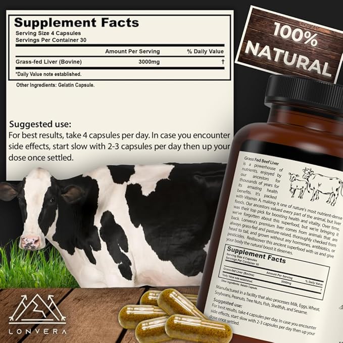 Grass Fed Beef Liver Capsules for Women and Men – 3000mg Freeze Dried Desiccated Organs – Nutrient Source for Joints Bones Hair Skin Nails &amp Daily Energy – 120 Pasture-Raised Capsules