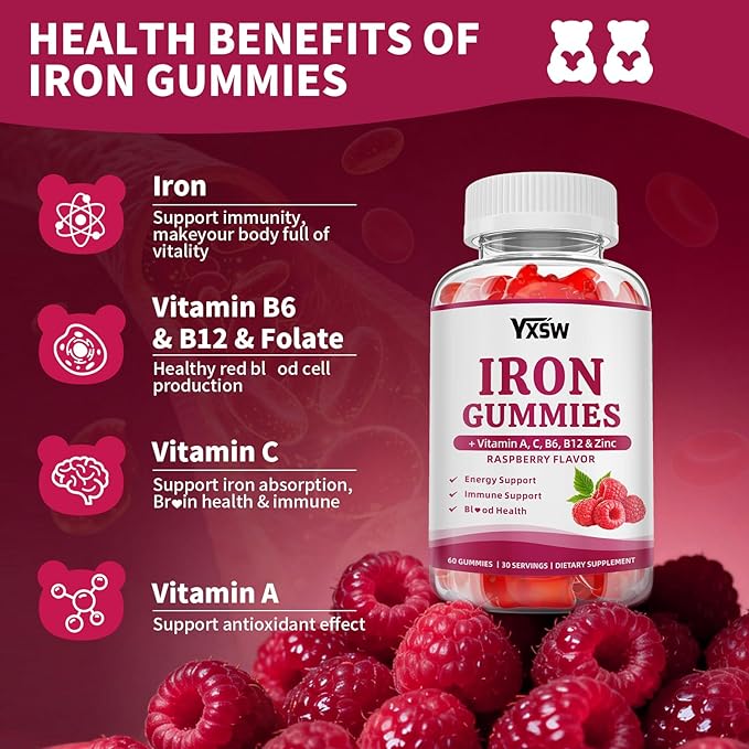Iron Gummies for Women &amp Men Vegan Iron Supplement Gummies with Vitamin C A B-Complex Folate Zinc- for Immune Health &amp Energy Support Raspberry Flavor 120 Count