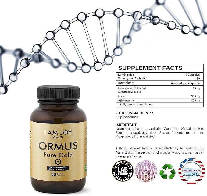 I Am Joy co. Ormus Gold Capsules Monoatomic Elements with Adaptogens Maca and Ashwaganda | May Help Balance Mood Decalcify Pineal Gland Repair DNA Enhance Relaxation - 60 Vegan Capsules