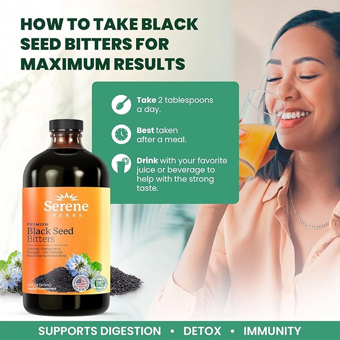 Serene Herbs Organic Black Seed Oil Bitters Liquid - Black Cumin Seed Extract Nigella Sativa Pure Blackseed Supplement with Thymoquinone for Immune Support &amp Digestion - Vegan - 16 oz