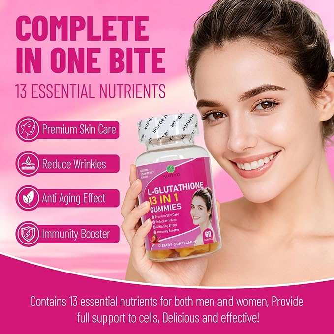 AIHIYO L-Glutathione 13 in 1 Gummies - Powerful Antioxidant &amp Cellular Support Supplement with 13 Essential Nutrients for Men &amp Women 60 Count