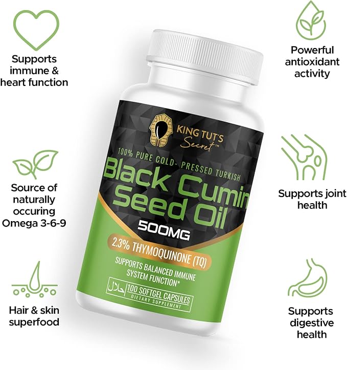 KING TUT'S SECRET Black Seed Capsules - 500 mg 100 Softgels - Nigella Sativa Extract Black Cumin Supplement for Hair Antioxidant Support Immune System - Halal Black Seed Cumin Oil Capsules