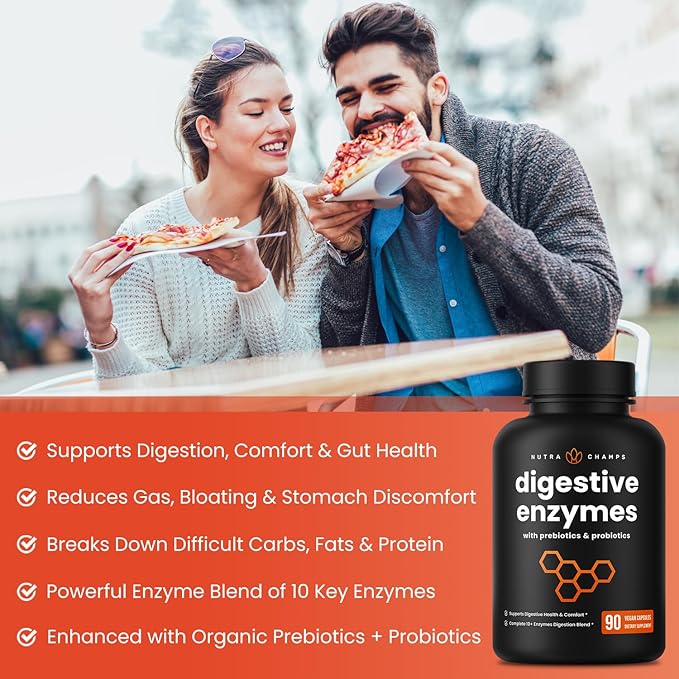 NutraChamps Digestive Enzymes with Probiotics and Prebiotics for Women &amp Men - 90 Vegan Capsules with Bromelain for Bloating &amp Optimal Gut Health
