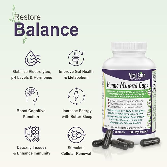 Vital Earth Minerals Humic Minerals Capsules - 70+ Trace Minerals with Naturally Occurring Fulvic Acid Alkalizing Mineral Supplement for Detox Gut Health Wellness 120 Count