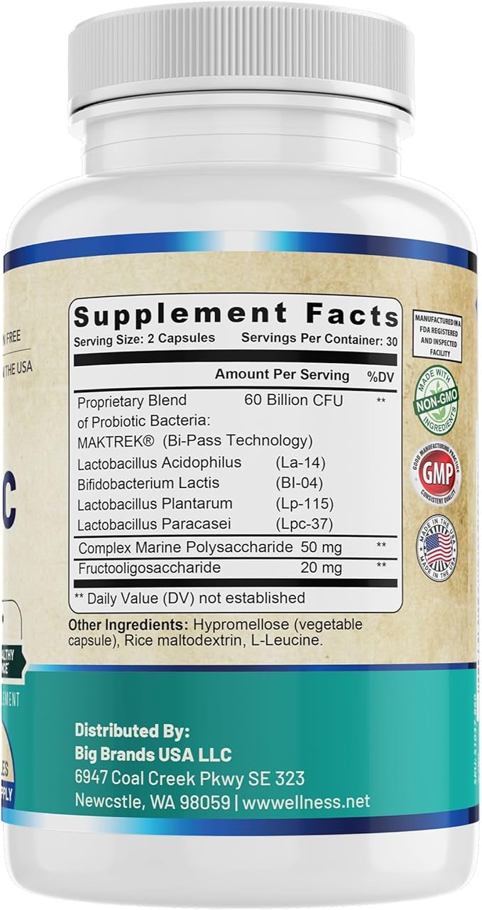 Probiotic 60 Billion CFU/g | Immune Digestive &amp Gut Health Support | Supports Constipation Gas &amp Bloating | All Natural Dairy Free Soy Free | 60 Capsules | Made in The USA.