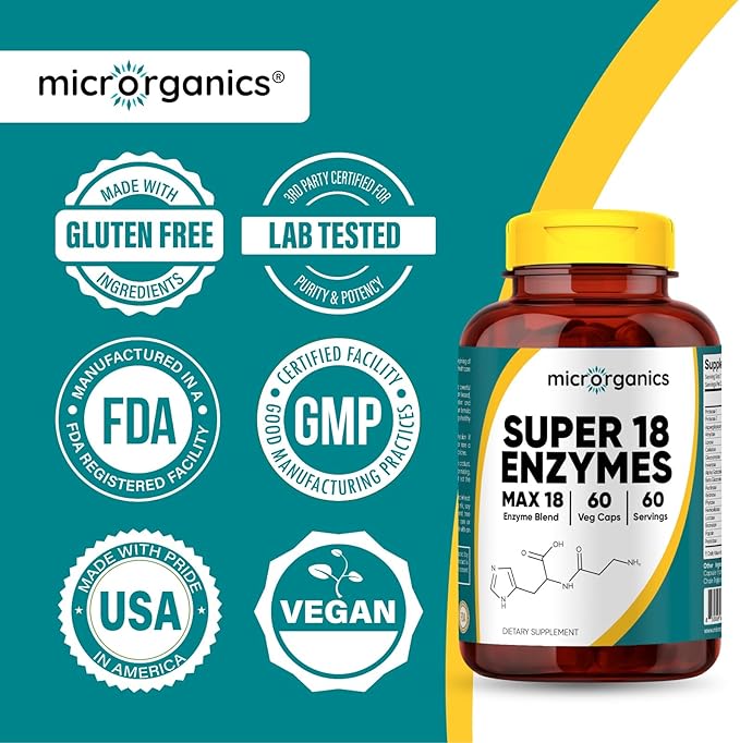 Super 18 Enzymes MAX 18 – Broad-Spectrum Plant-Based Digestive Enzyme Complex – Supports Comfortable Digestion &amp Nutrient Absorption – 60 Vegan Capsules 60 Servings