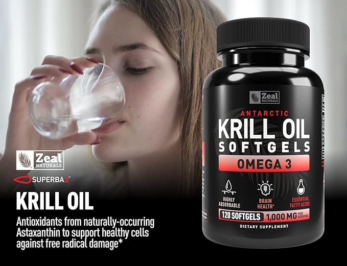 Antarctic Krill Oil 1000mg (120 Softgels) Omega 3 Fish Oil Supplement with EPA DHA &amp Astaxanthin - for Joint Brain and Heart Support for Men and Women