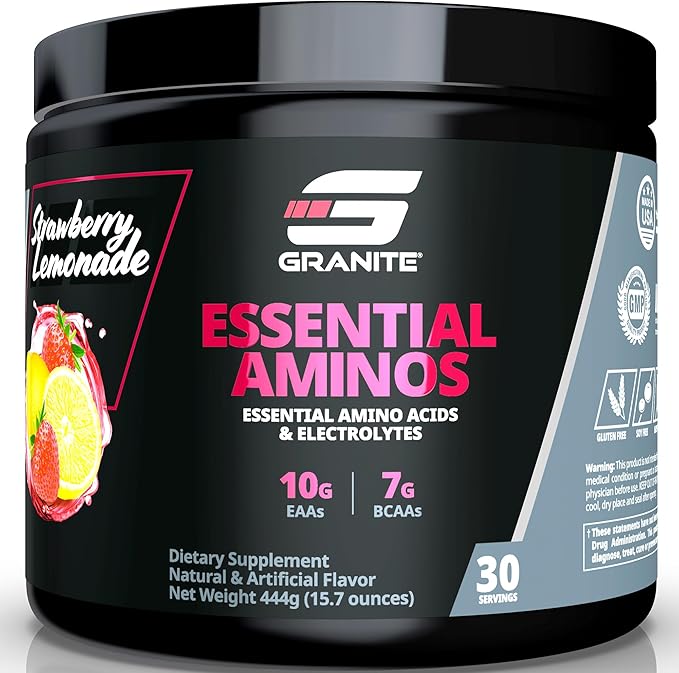 Granite Essential Amino Acids Powder for Muscle Recovery and Growth with 10g EAAs and 7g BCAAs - Soy-Free Gluten-Free 448g (30 Servings) Strawberry Lemonade