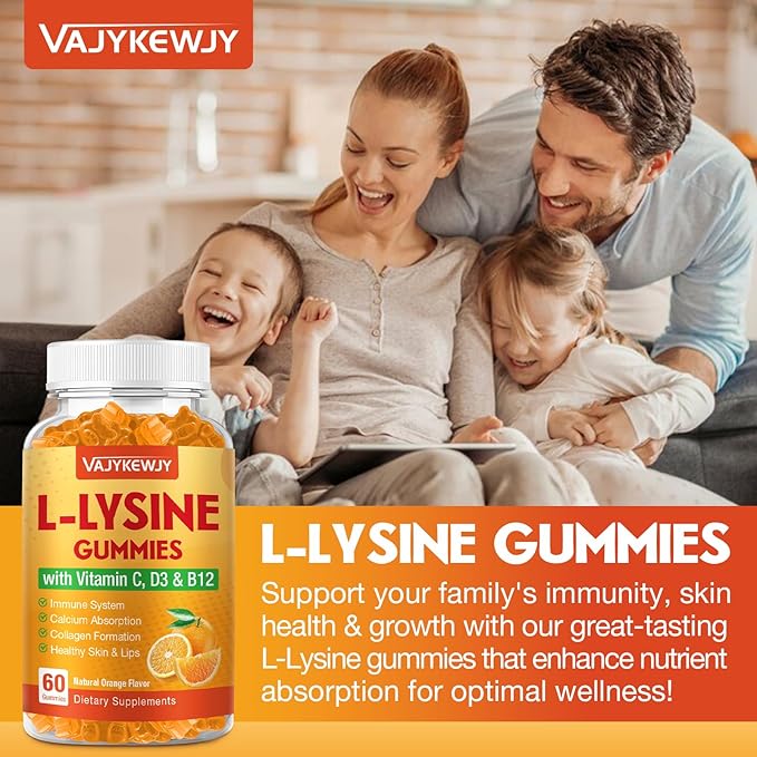 L-Lysine Gummies 1000 mg for Immune Support Delicious Orange Flavor Vegan Non-GMO Gluten-Free – 120 Count