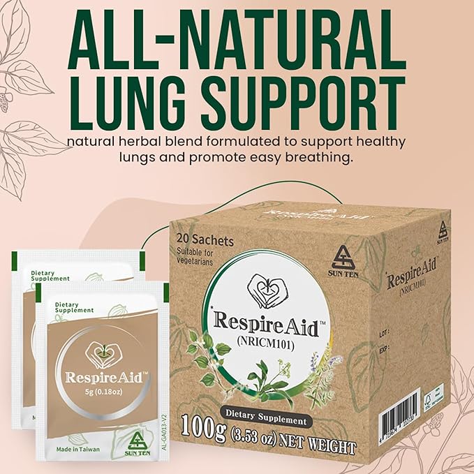 Sun Ten RespireAid™ All-Natural Lung Cleanse &amp Detox. Contains Natural Herbal Properties to Support Healthy Lung Function &amp Breathing. 100g (20 sachets) 5g per Sachet