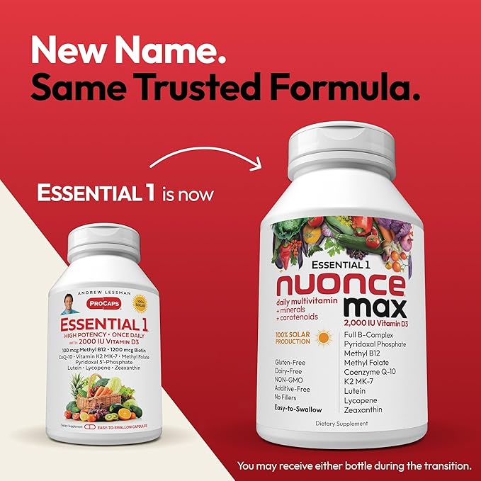 ANDREW LESSMAN Essential-1 nuonce max Multivitamin 2000 IU Vitamin D3 60 Small Capsules. 100 mcg Methyl B12. CoQ10 Lutein Lycopene Zeaxanthin. High Potency. No Additives. Ultra-Mild One Daily Capsule