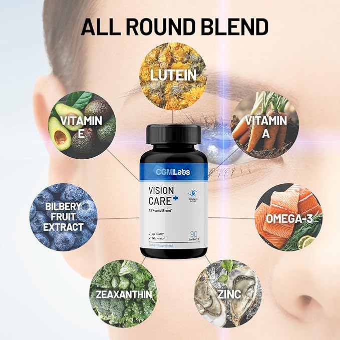 Vison Care Plus - Complete Dietary Supplement for Your Vision- Lutein 20mg Zeaxanthin Vitamin A Bilberry Extract - 90 Softgels by CGM Labs