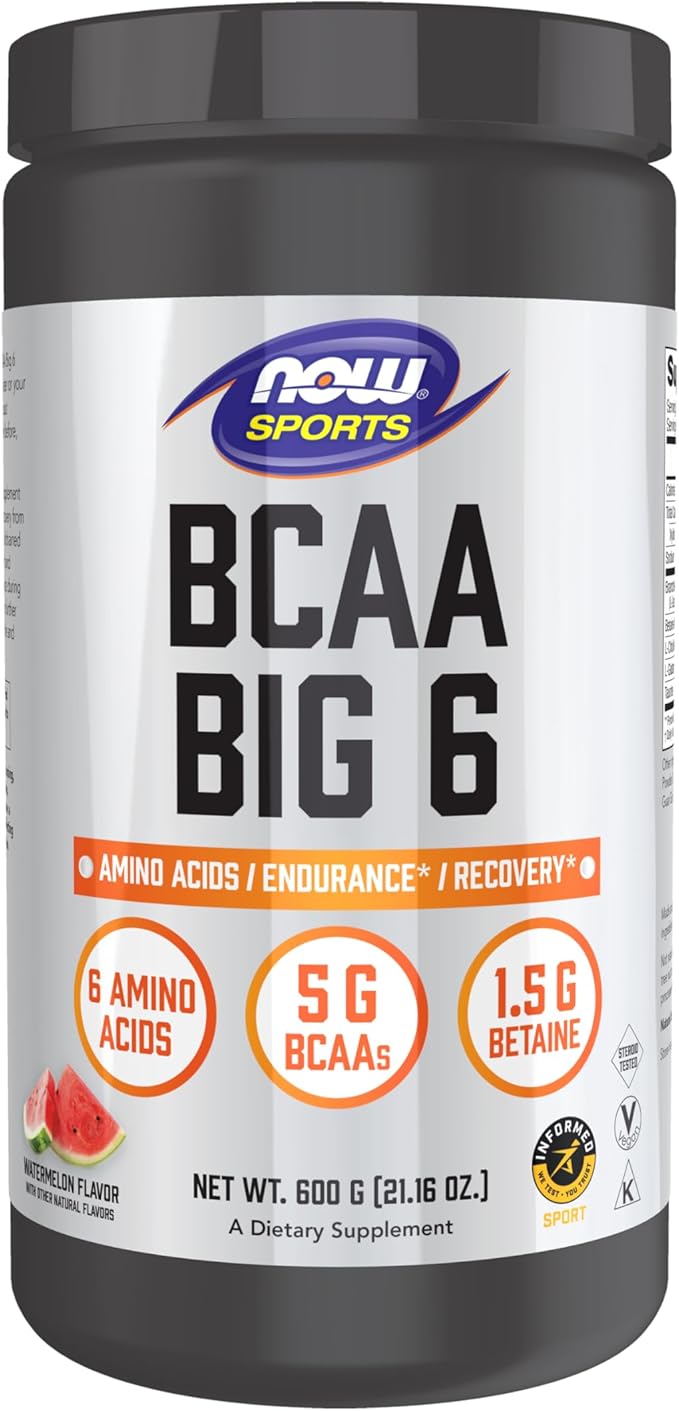 NOW Foods Sports Nutrition BCAA (Branched Chain Amino Acids) Big 6 Watermelon Flavor 600 Grams