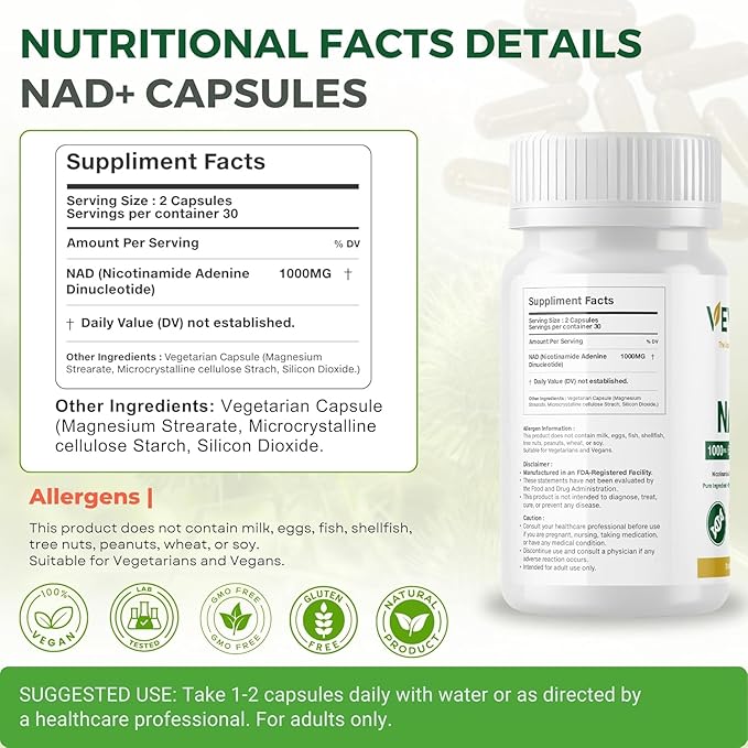 NAD+ 1000 mg | 60 Vegan Capsules | Nicotinamide Adenine Dinucleotide (NAD+) | Dietary Supplement | Non-GMO | Gluten-Free | Made for USA
