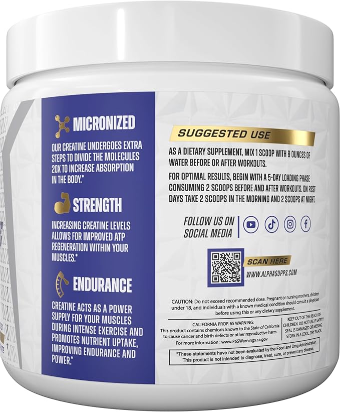 Alpha Supps - Alpha Creatine Monohydrate Powder Supports Muscle Growth | Micronized | Unflavored | 300 Grams - 60 Servings
