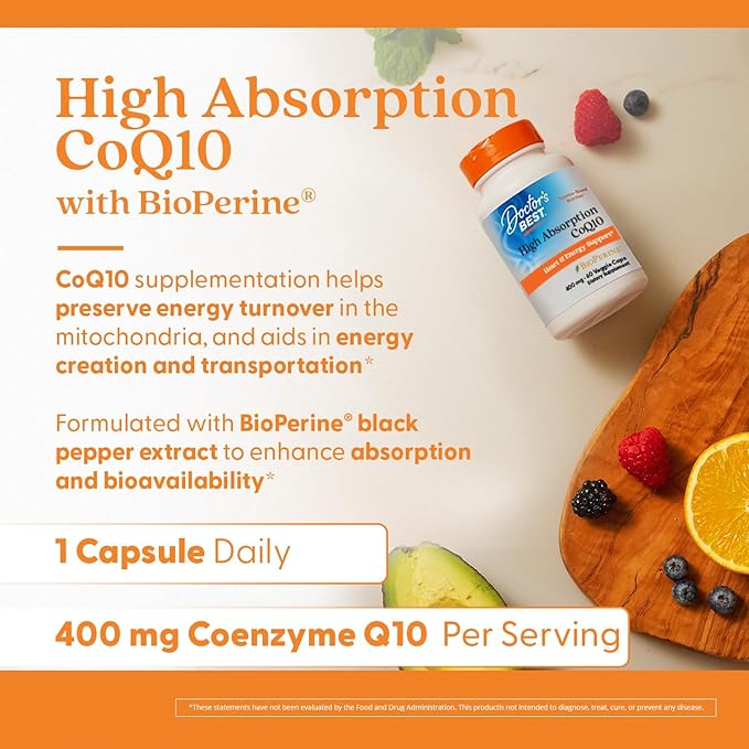 Doctor's Best High Absorption CoQ10 400mg with BioPerine Supplement - Coenzyme Q10 Caps for Heart Health &amp Antioxidant Support CoQ10 400 mg for Women &amp Men Non GMO - 180 Veg Capsules