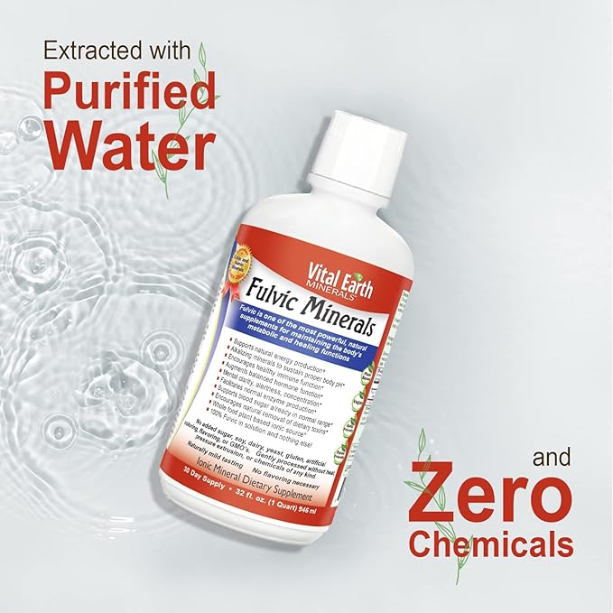 Vital Earth Minerals Fulvic Minerals Liquid – Fulvic Acid Supplement with 70+ Trace Minerals Electrolytes for Energy &amp Vitality 32 Oz + 1 Oz Cup