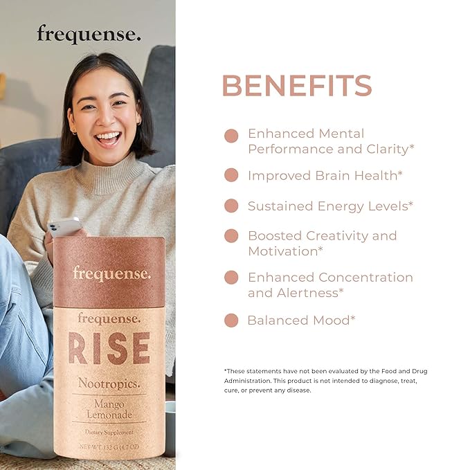 Frequense - Rise Nootropic Sticks - Mango Lemonade Flavor - Supports Brain Performance &amp Clarity - With Mushrooms B Vitamins &amp Green Coffee - 132g