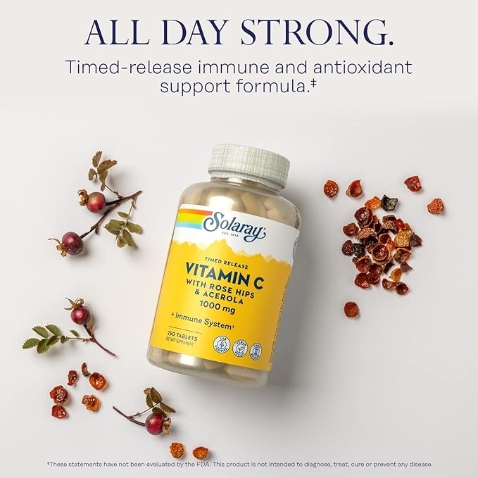 SOLARAY Vitamin C w/Rose HIPS &amp Acerola | 1000mg | Two-Stage Timed-Release Healthy Immune Function Skin Hair &amp Nails Support | Non-GMO | 250ct