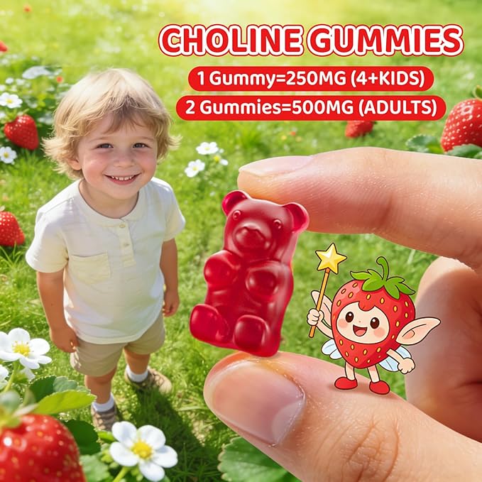 Choline Gummies for Kids &amp Adults Choline Supplements 500mg with DHA Phosphatidylserine for Brain Health Focus Immune Support Sugar-Free Vegan Strawberry Flavor 60 Gummies