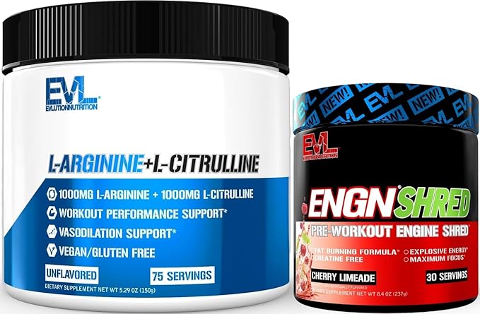 Evlution ENGN Shred Ultimate Pre Workout Powder (Cherry Lime 30 Servings) Plus L-Arginine and L-Citrulline Nitric Oxide Complex (Unflavored 75 Servings)