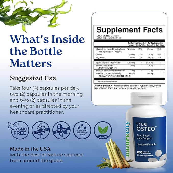 NatureCity True-Osteo Plant-Based Supplement for Bone Strength | AlgaeCal Calcium &amp Magnesium Plant-Based Vitamin D3 Vitamin K2 Silicon| Gentle on Stomach (360 Capsules)