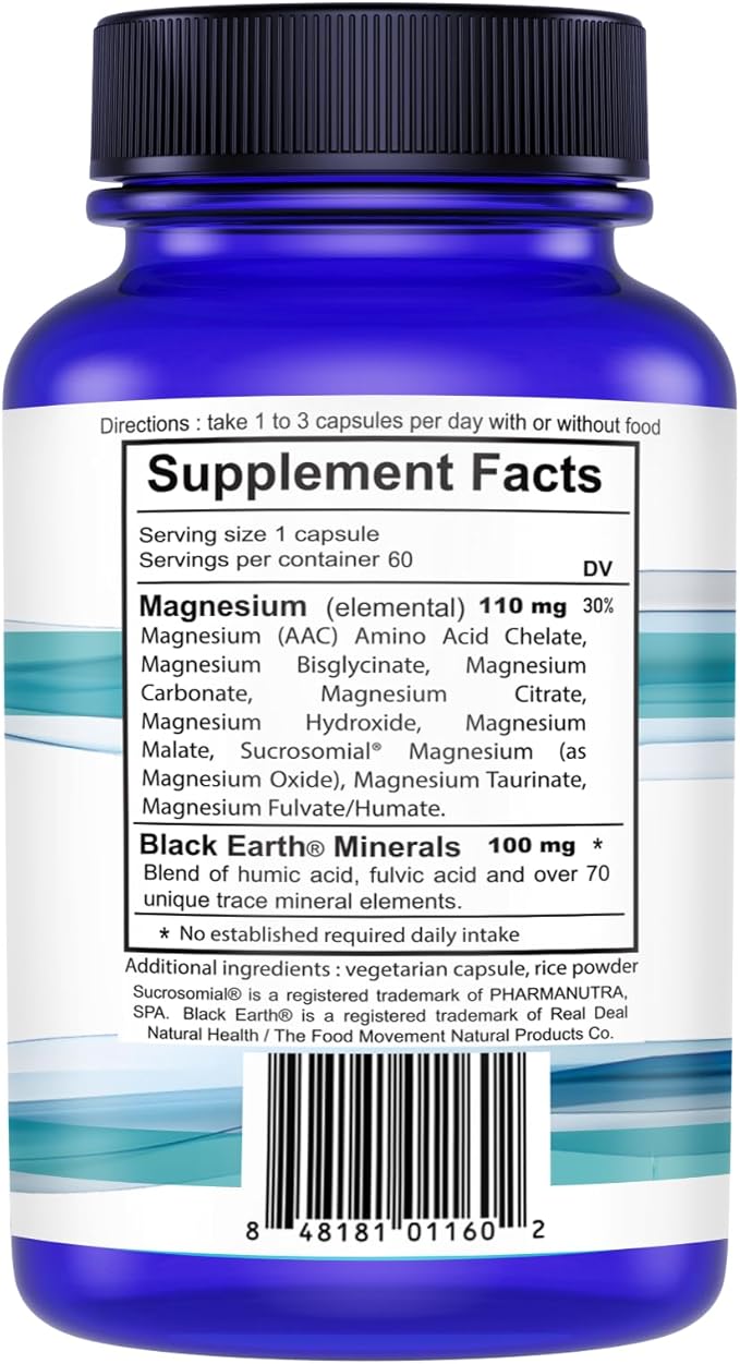 The Food Movement Co. Black Earth Magnesium Essential Nine - Magnesium Glycinate Citrate Malate and More - 9 Bioactive Forms for Optimal Health (60 Count)