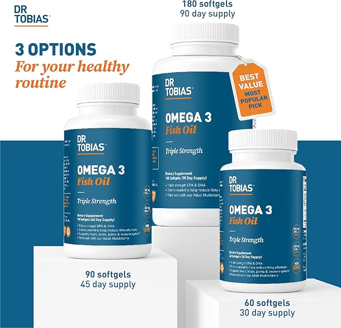 Dr. Tobias Omega 3 Fish Oil 2000mg Triple Strength with 800mg EPA 600mg DHA Per Serving | Fish Oil Omega 3 Supplements for Heart Brain &amp Immune Support - 360 Softgels (180 Servings)