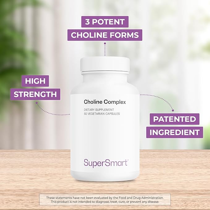 Supersmart - Choline Complex (Patented &amp High Strength) - with Choline Bitartrate GPC Choline &amp CDP Choline - High Potency Choline Supplements | Non-GMO &amp Gluten Free - 60 Vegetarian Caps