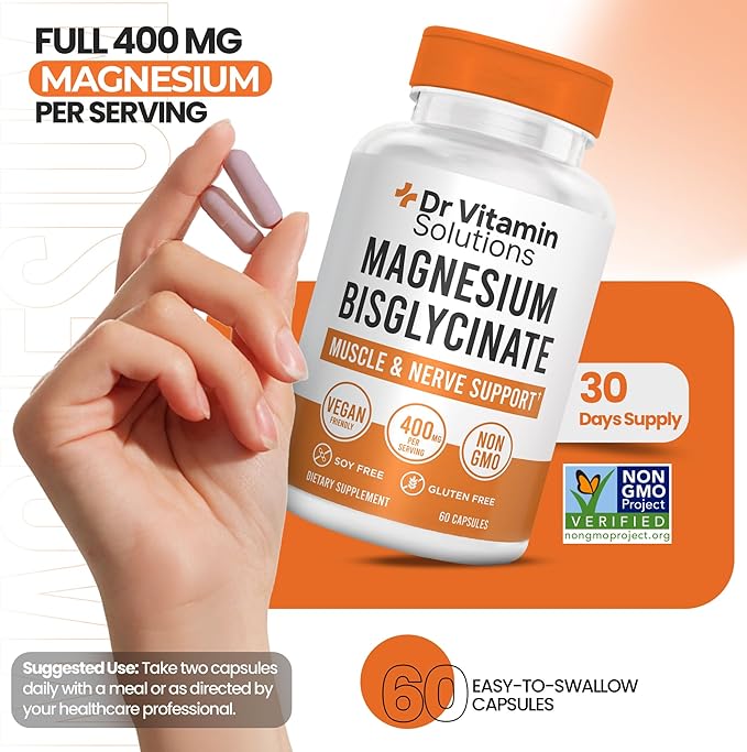 Magnesium Glycinate 400mg (Buffered Magnesium Bisglycinate Chelate) | Albion® Chelated Magnesium for Muscle &amp Nerve Support + Calm | High Absorption Gentle on Stomach | Non-GMO 60 Vegan Capsules