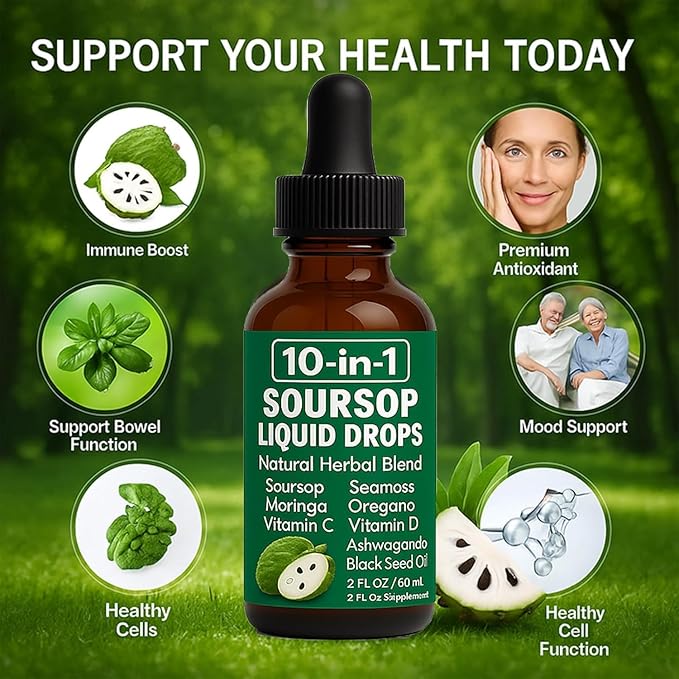 10-in-1 Soursop Extract Drops | Soursop Bitters Liquid with Sea Moss Turmeric Moringa Oregano Black Seed Oil Ashwagandha Chlorophyll - Support Heart Health Non-GMO | 2 Fl Oz (1)