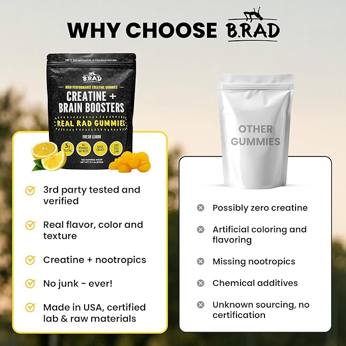 B.rad Real Rad Creatine Gummies | 5g Creatine Monohydrate Per Serving | with Alpha GPC L-Theanine L-Tyrosine L-Citrulline &amp Panax Ginseng | Natural Lemon Flavor | 100 XL Gummies