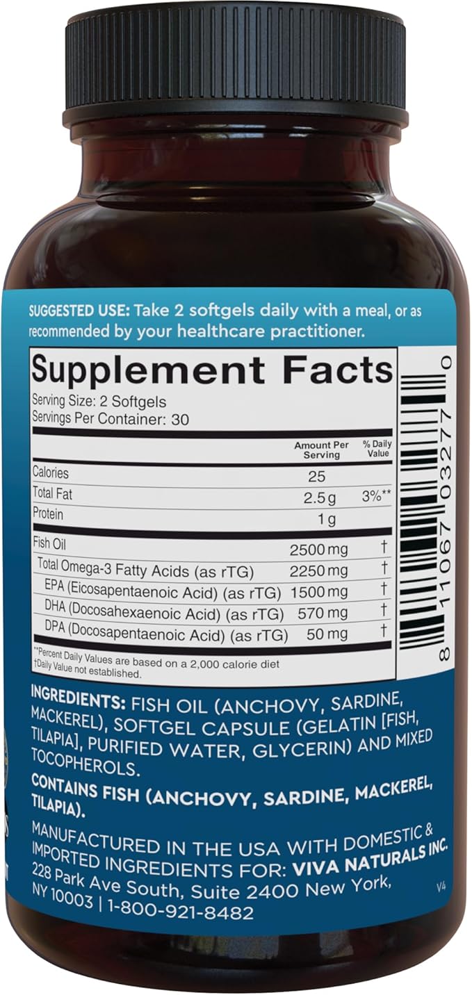 Viva Naturals Omega-3 Fish Oil Triple Strength 2500 mg 60 Softgels – Re-Esterified Omega 3 Fatty Acids Including EPA DHA DPA - Pascatarian-Friendly