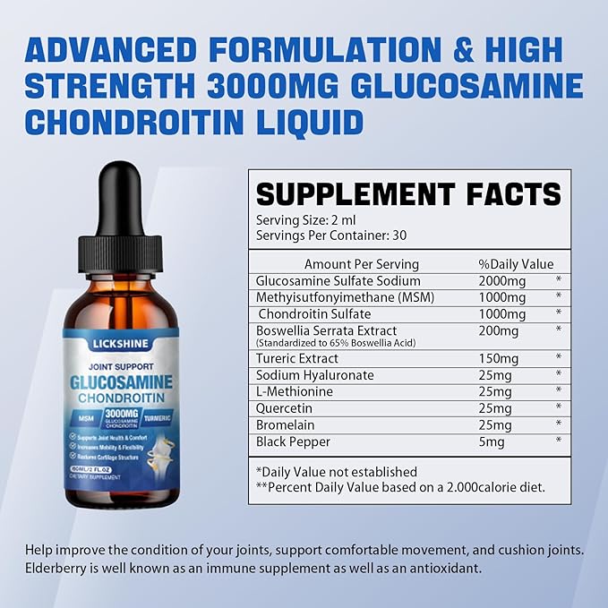 2 Pack Glucosamine Chondroitin MSM Liquid Drops - Extra Strength Joint Support Supplement for Adults with Quercetin Boswelia Bromelain Hyaluronic Acid Antioxidant Immune Support (4 Fl oz)