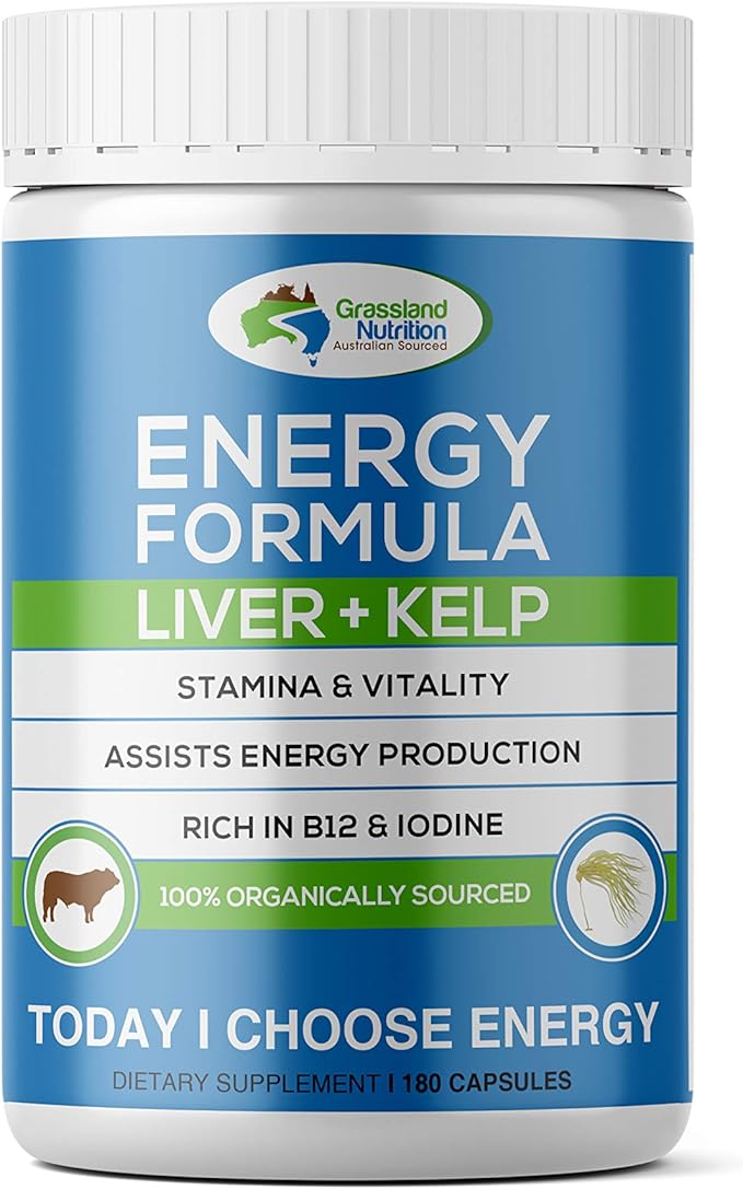 GRASSLAND NUTRITION Grass Fed Beef Liver with Wild Harvested Kelp 100% Organically/Halal Sourced 2-in-1 Energy Formula — Natural B12 Iodine Iron &amp Vitamin A (180 Capsules)