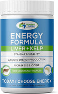 GRASSLAND NUTRITION Grass Fed Beef Liver with Wild Harvested Kelp 100% Organically/Halal Sourced 2-in-1 Energy Formula — Natural B12 Iodine Iron &amp Vitamin A (180 Capsules)