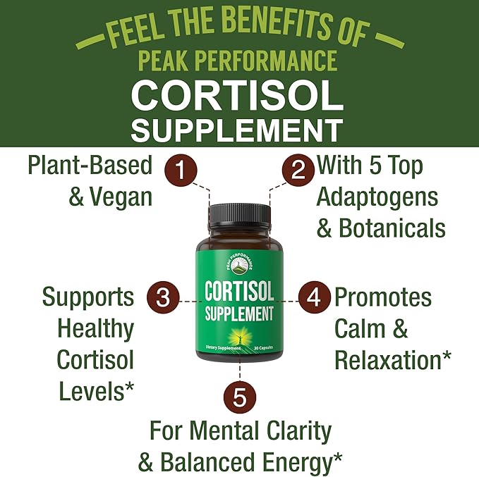 5-in-1 Cortisol Supplement for Women &amp Men. Lower High Cortisol with Ashwagandha Rhodiola Rosea L-Theanine Phosphatidylserine Magnolia Bark. Calm Relaxation Balanced Energy Vegan Supplements