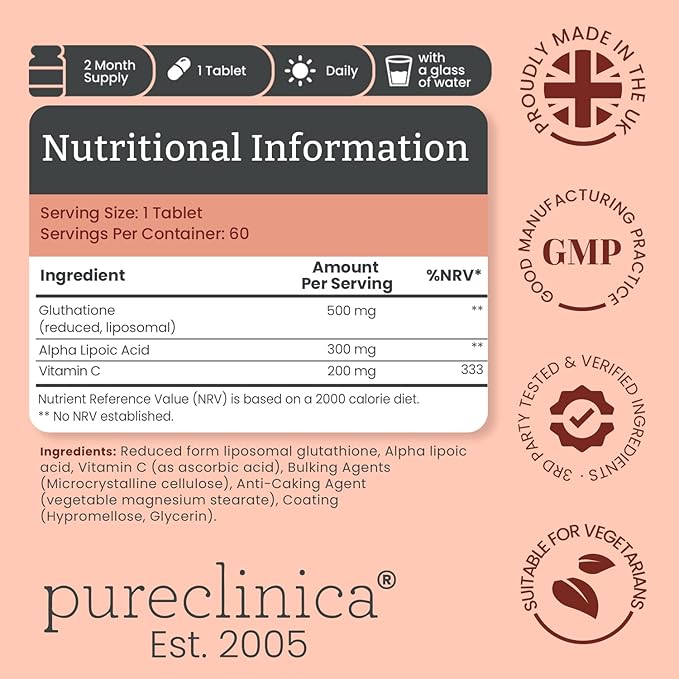 Glutathione 1000mg x 360 Tablets (6 Bottles of 60)- w/500mg Glutathione 300mg ALA and 200mg VIT C per Tablet