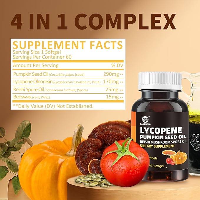 Pumpkin Seed Oil Capsule Lycopene Supplement Cold Pressed Pumpkin Seed 3 in 1 Hair Growth Supplement with Reishi Mushroom Spore Oil for Urinary and Prostate Health 60 Softgels