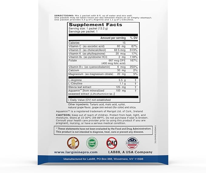 L-ARGININE PRO Supplement Powder | 30 Packets Single Serve Travel Size | 5500mg of L-arginine Plus 1100mg L-Citrulline Grape